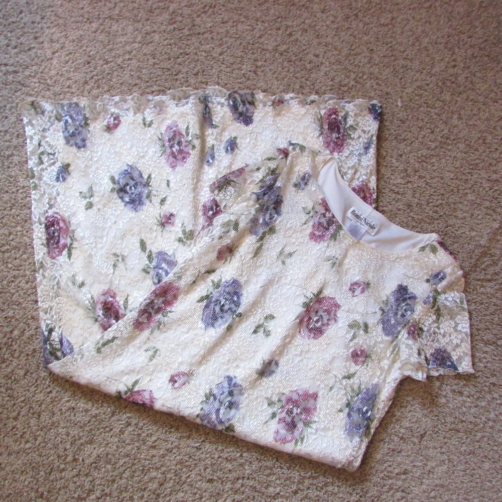 Nwot Ronni Nicole 18 White Lace Pink Purple Rose Maxi Dress S/S Lined